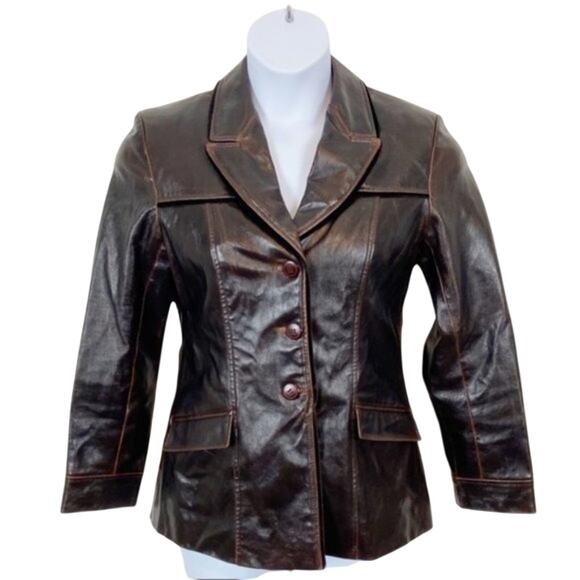 St. John Sport Brown Leather Distressed Velvet Edge Jacket Fully Lined